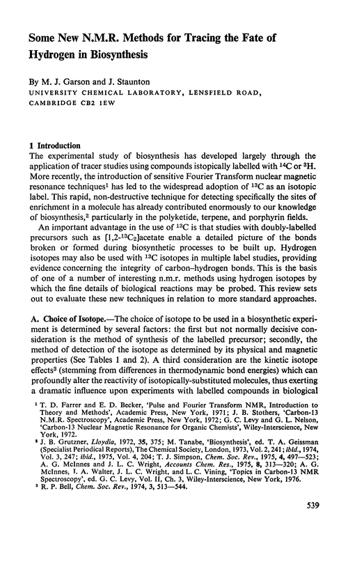 Some new n.m.r. methods for tracing the fate of hydrogen in biosynthesis