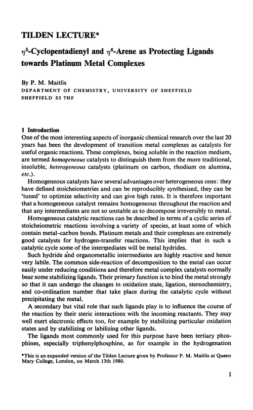 Tilden Lecture. η5-Cyclopentadienyl and η6-arene as protecting ligands towards platinum metal complexes