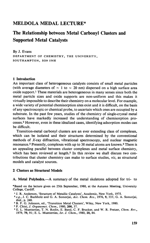 Meldola Medal Lecture. The relationship between metal carbonyl clusters and supported metal catalysts