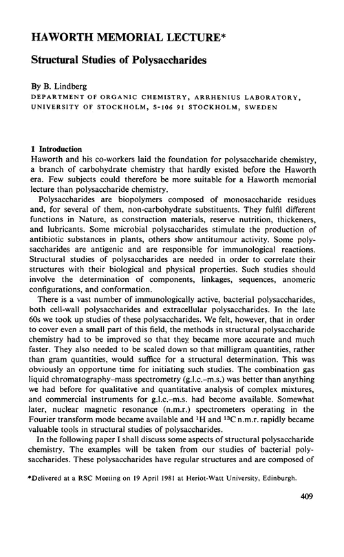 Haworth Memorial Lecture. Structural studies of polysaccharides