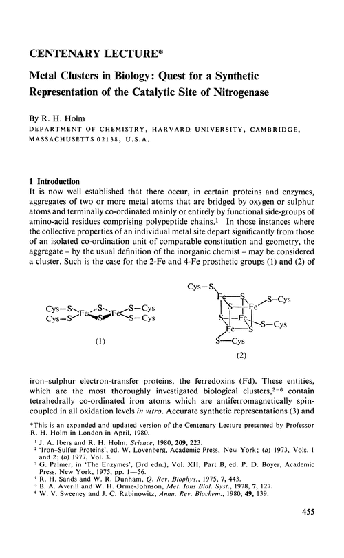 Centenary Lecture. Metal clusters in biology: quest for a synthetic representation of the catalytic site of nitrogenase