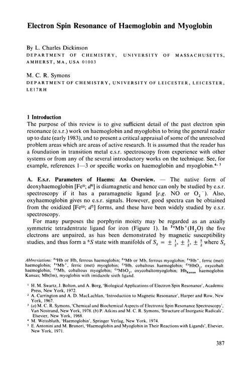 Electron spin resonance of haemoglobin and myoglobin
