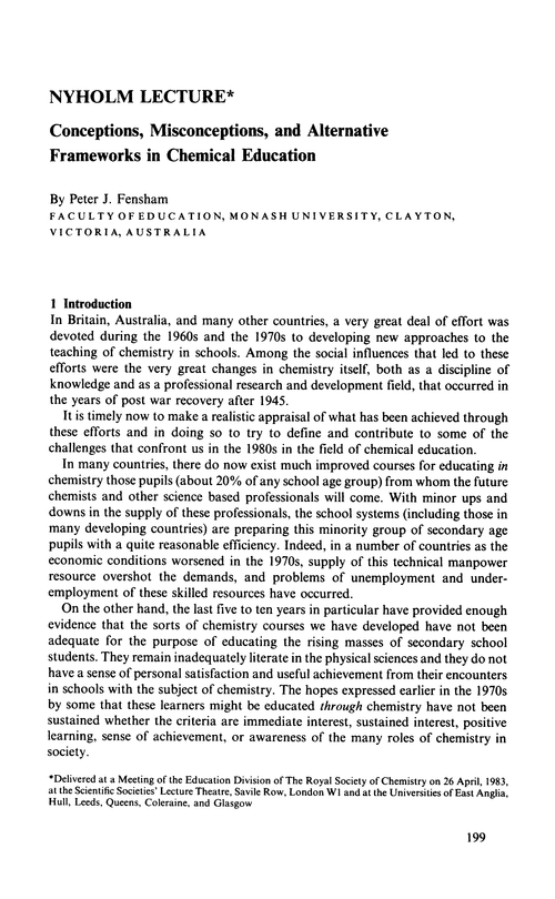 Nyholm Lecture. Conceptions, misconceptions, and alternative frameworks in chemical education