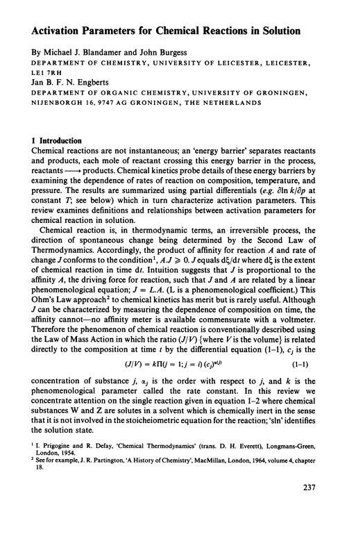 Activation parameters for chemical reactions in solution