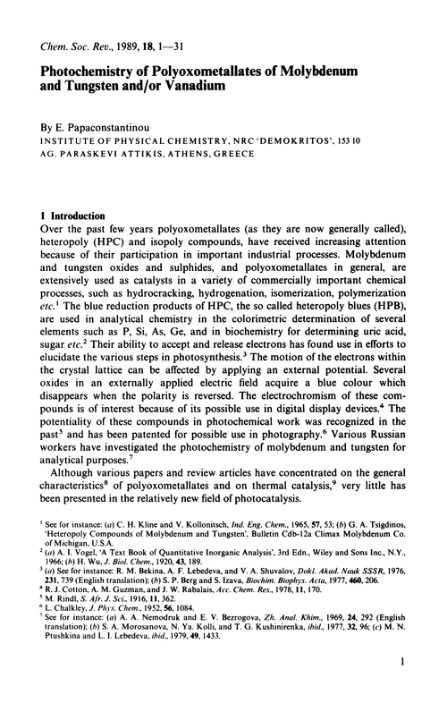 Photochemistry of polyoxometallates of molybdenum and tungsten and/or vanadium