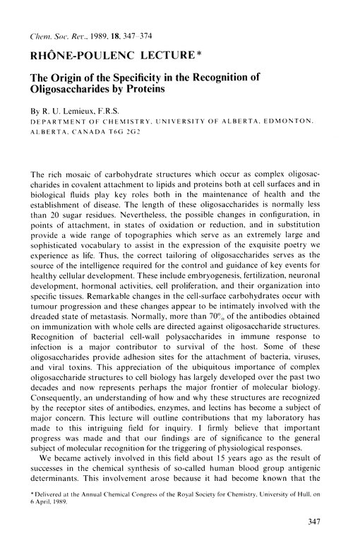 Rhône-Poulenc Lecture. The origin of the specificity in the recognition of oligosaccharides by proteins