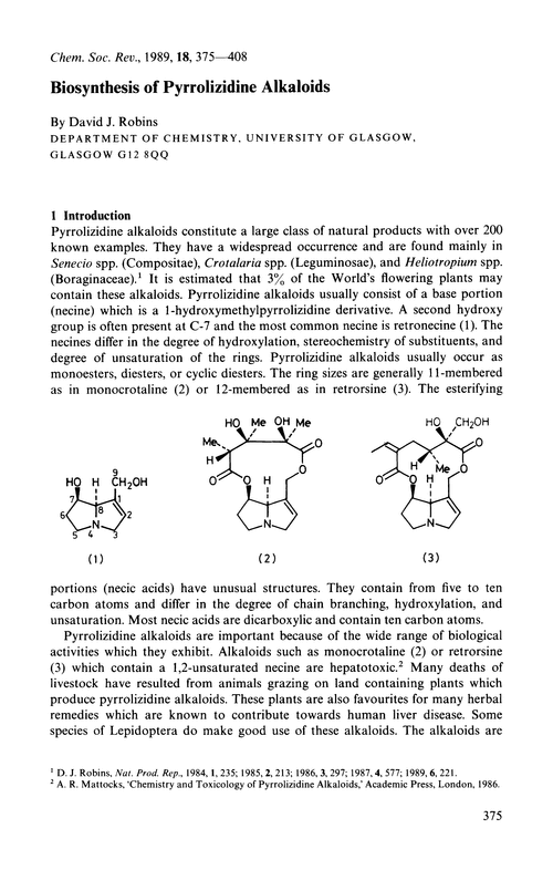 Biosynthesis of pyrrolizidine alkaloids