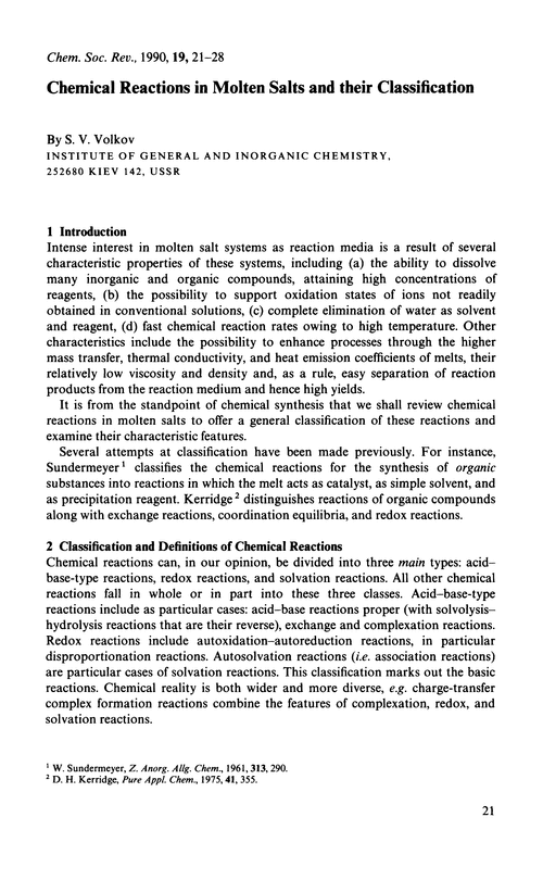 Chemical reactions in molten salts and their classification