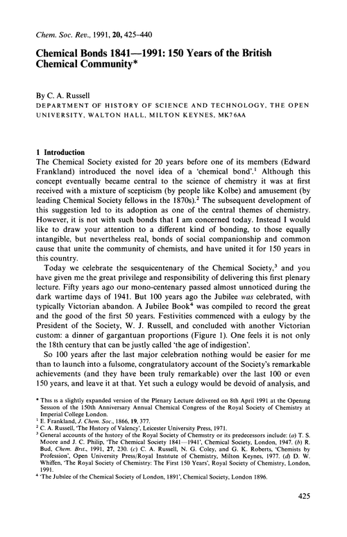 Chemical bonds 1841–1991: 150 years of the British Chemical Community