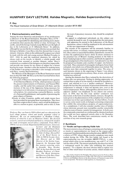 Humphry Davy Lecture. Halides magnetic, halides superconducting