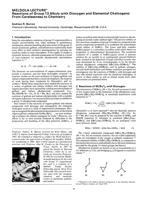 Meldola Lecture. Reactions of Group 13 alkyls with dioxygen and elemental chalcogens: from carelessness to chemistry