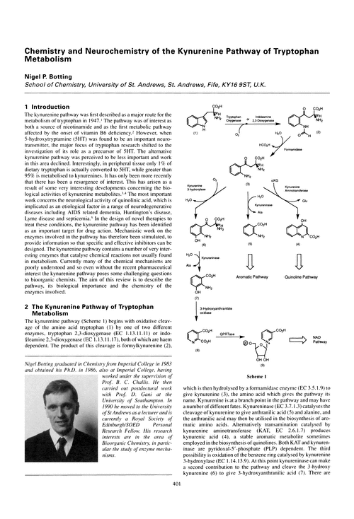 Chemistry and neurochemistry of the kynurenine pathway of tryptophan metabolism