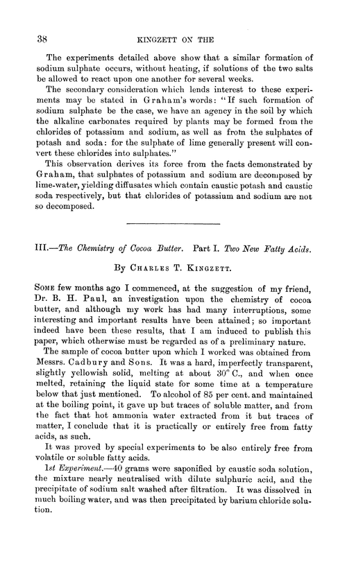 III.—The chemistry of cocoa butter. Part I. Two new fatty acids
