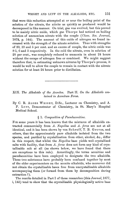 XIX. The alkaloïds of the aconites. Part II. On the alkaloïds contained in Aconitum ferox