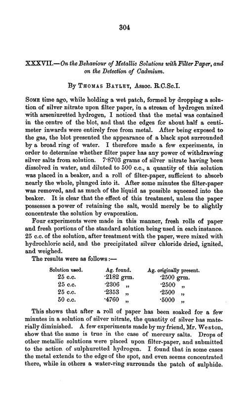 XXXVII.—On the behaviour of metallic solutions with filter paper, and on the detection of cadmium