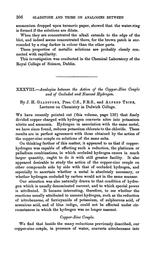 XXXVIII.—Analogies between the action of the copper-zinc couple and of occluded and nascent hydrogen