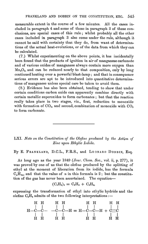 LXI. Note on the constitution of the olefin produced by the action of zinc upon ethylic iodide