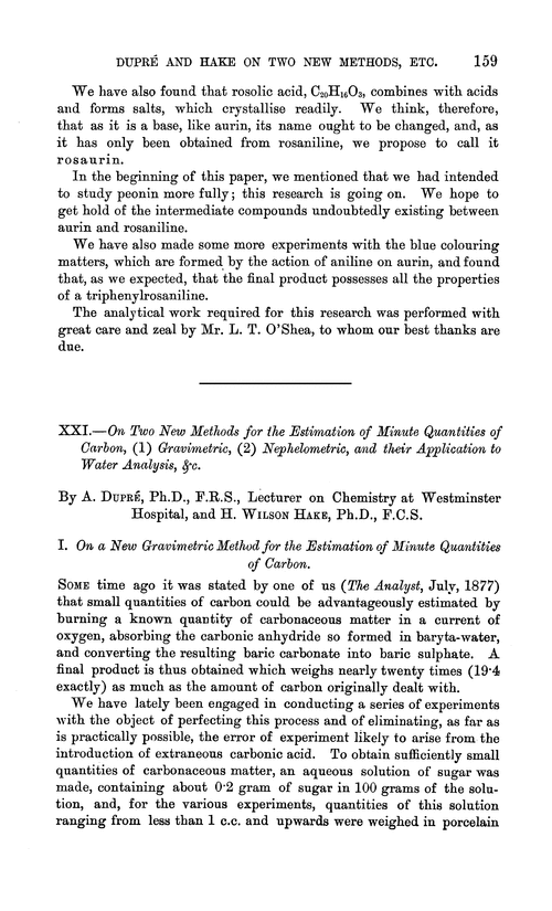 XXI.—On two new methods for the estimation of minute quantities of carbon, (1) gravimetric, (2) nephelometric, and their application to water analysis, &c.