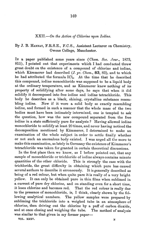XXII.—On the action of chlorine upon iodine