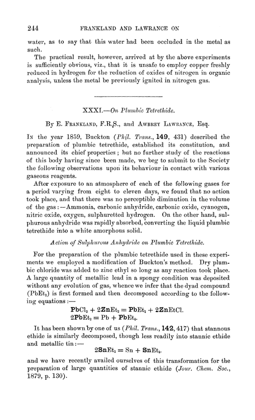 XXXI.—On plumbic tetrethide