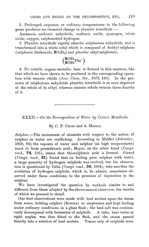 XXXII.—On the decomposition of water by certain metalloids