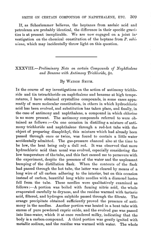 XXXVIII.—Preliminary note on certain compounds of naphthalene and benzene with antimony trichloride, &c.