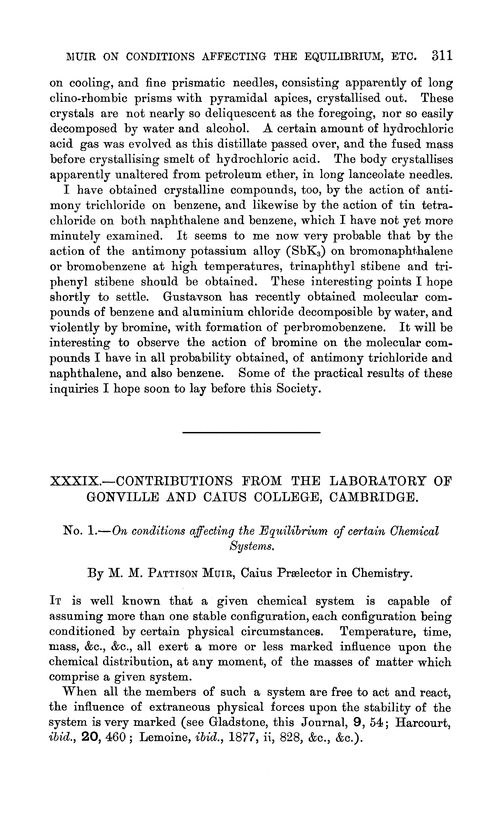 XXXIX.—Contributions from the Laboratory of Gonville and Caius College, Cambridge. No. 1.—On conditions affecting the equilibrium of certain chemical systems