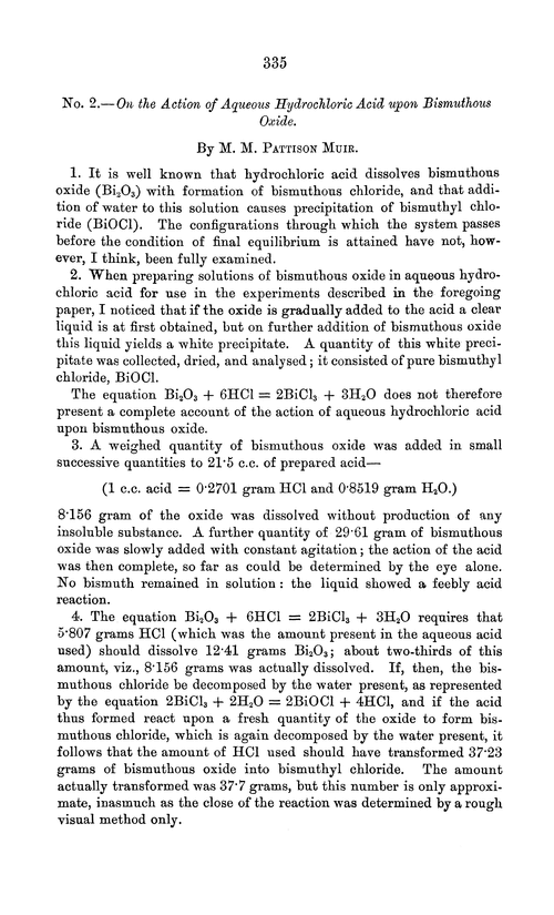 No. 2.—On the action of aqueous hydrochloric acid upon bismuthous oxide