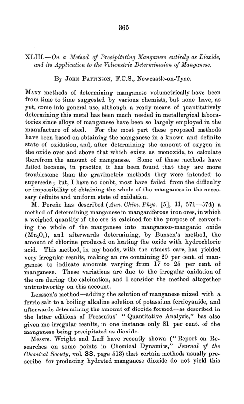 XLIII.—On a method of precipitating manganese entirely as dioxide, and its application to the volumetric determination of manganese