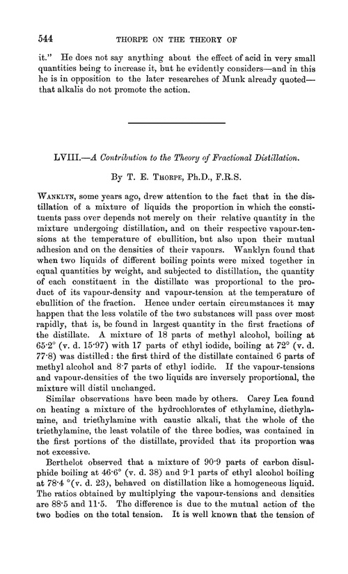 LVIII.—A contribution to the theory of fractional distillation