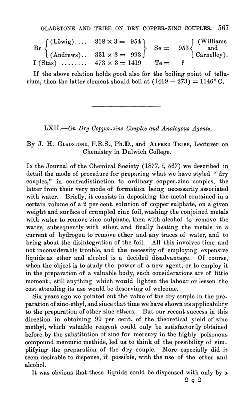 LXII.—On dry copper-zinc couples and analogous agents