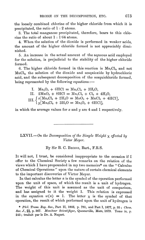 LXVII.—On the decomposition of the simple weight χ effected by Victor Meyer