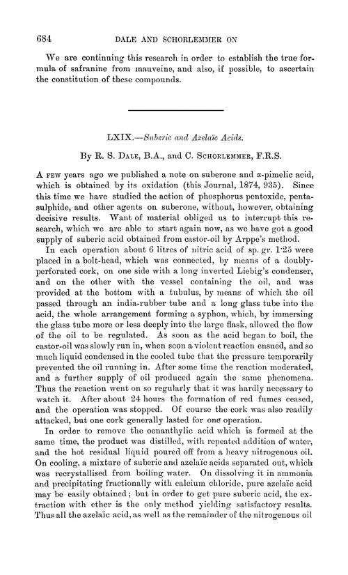 LXIX.—Suberic and azelaïc acids