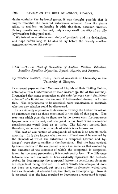 LXXI.—On the heat of formation of aniline, picoline, toluidine, lutidine, pyridine, dipicoline, pyrrol, glycerin, and furfurol
