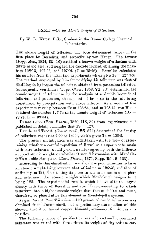 LXXII.—On the atomic weight of tellurium