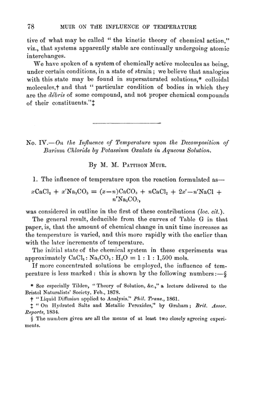 No. IV.—On the influence of temperature upon the decomposition of barium chloride by potassium oxalate in aqueous solution