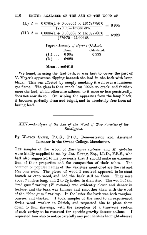 XXV.—Analyses of the ash of the wood of two varieties of the eucalyptus