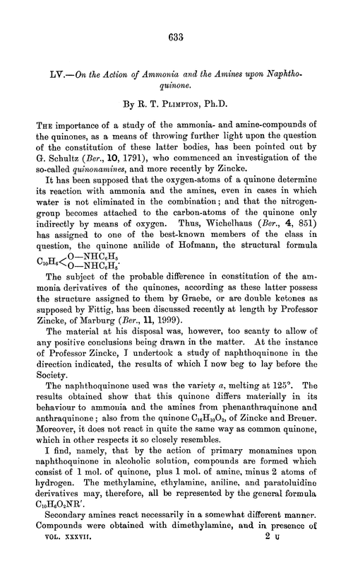 LV.—On the action of ammonia and the amines upon naphthoquinone