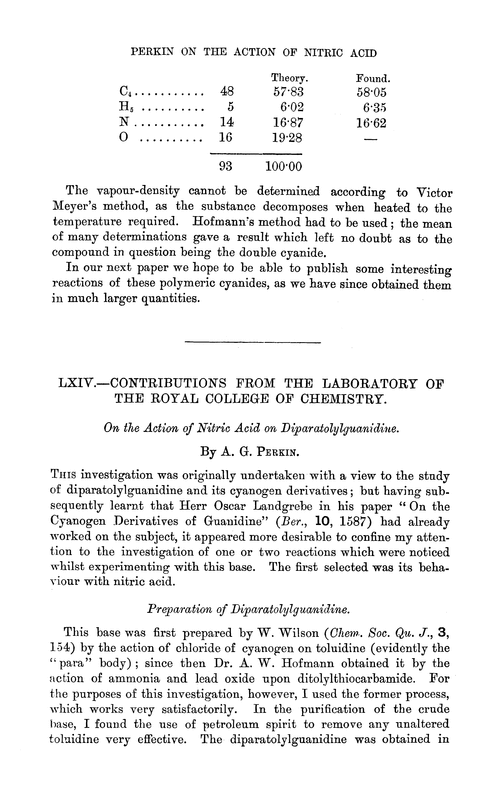LXIV.—Contributions from the Laboratory of the Royal College of Chemistry. On the action of nitric acid on diparatolylguanidine