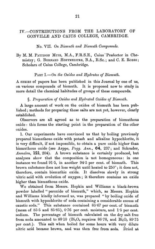 IV.—Contributions from the Laboratory of Gonville and Caius College, Cambridge. No. VII. On bismuth and bismuth compounds