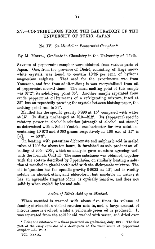 XV.—Contributions from the Laboratory of the University of Tôkiô, Japan. No. IV. On menthol or peppermint camphor