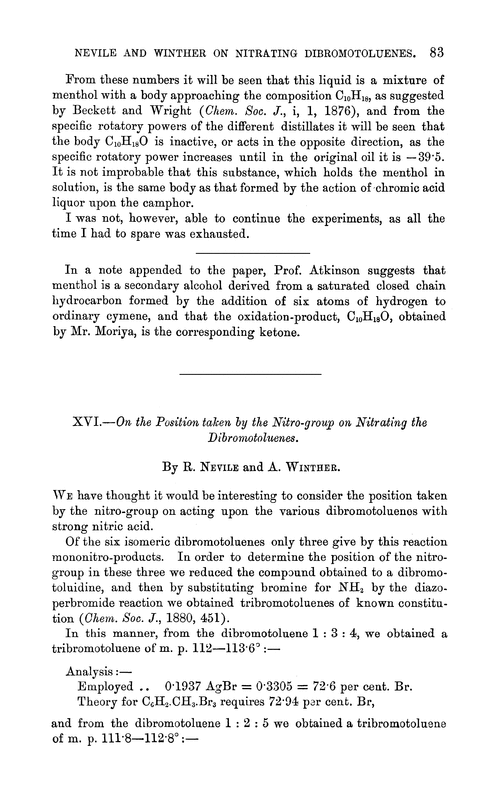 XVI.—On the position taken by the nitro-group on nitrating the dibromotoluenes