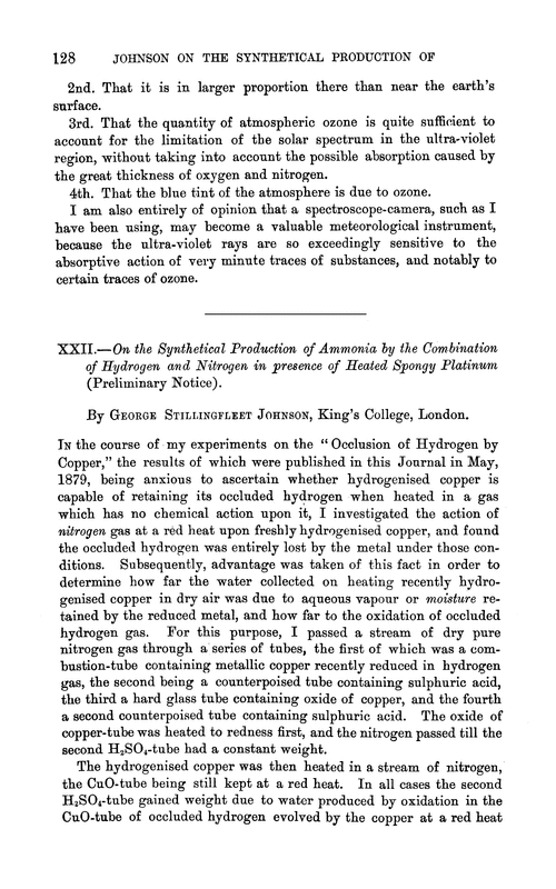 XXII.—On the synthetical production of ammonia by the combination of hydrogen and nitrogen in presence of heated spongy platinum (preliminary notice)