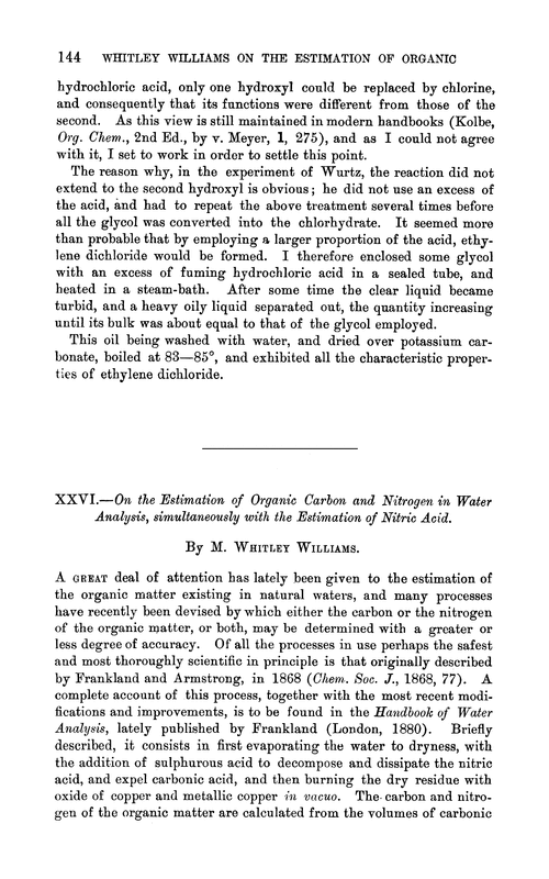 XXVI.—On the estimation of organic carbon and nitrogen in water analysis, simultaneously with the estimation of nitric acid