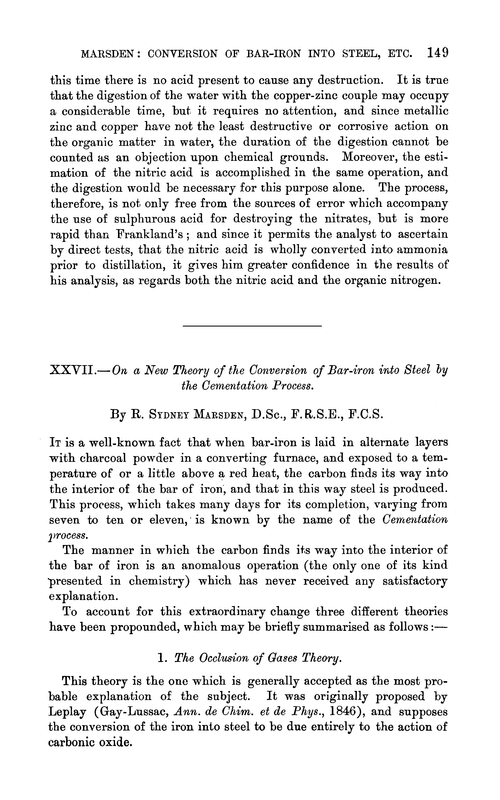 XXVII.—On a new theory of the conversion of bar-iron into steel by the cementation process