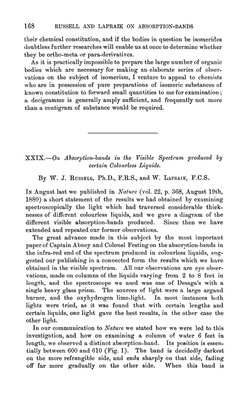 XXIX.—On absorption-bands in the visible spectrum produced by certain colourless liquids