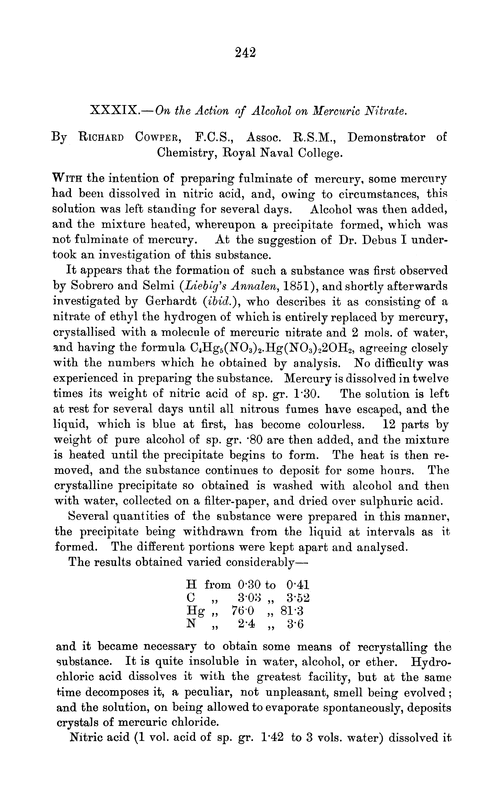 XXXIX.—On the action of alcohol on mercuric nitrate