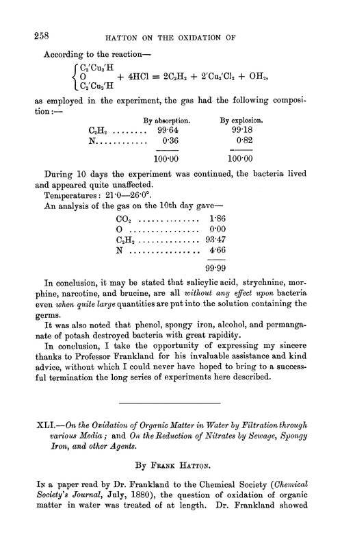 XLI.—On the oxidation of organic matter in water by filtration through various media; and on the reduction of nitrates by sewage, spongy iron, and other agents