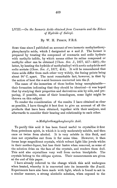 LVIII.—On the isomeric acids obtained from coumarin and the ethers of hydride of salicyl