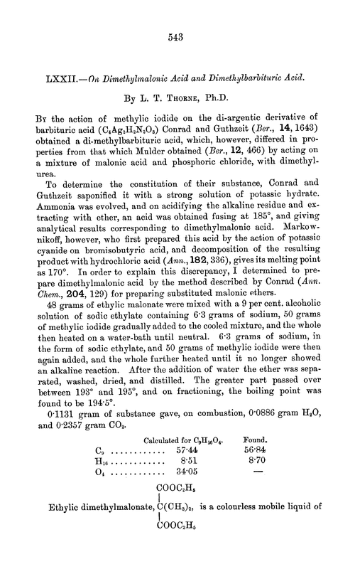 LXXII.—On dimethylmalonic acid and dimethylbarbituric acid